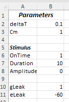 Excel named cells for passive membrane